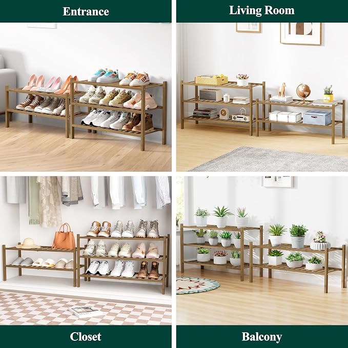 Smiry Bamboo Shoe Rack for Closet, 4 Tier Wooden Shoe Organizer, Stackable Wood Shoe Storage Shelf for Entryway, 14 Vertical Slats, 2+2 Stack Heavy-Duty Legs, 26.77"x11.02"x25.98", Walnut