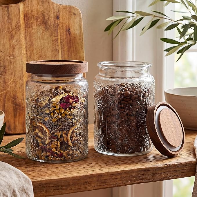 LemonRoad 4 Pcs Vintage Clear Glass Storage Jars 23.7 oz Mason Jar Canister with Wood Lids Food Storage Container for Cookie, Pantry, Candy Kitchen, Coffee, Tea, Flour, Sugar, Decorative Home Decor