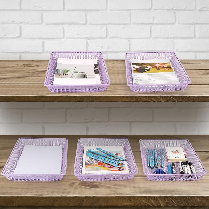 Office Metal Mesh Basket for Desk, Single Paper Tray Organizer, Turn in Trays Classroom, Flat Mail Letter Storage Basket for Office Home Drawers School (1, Purple)