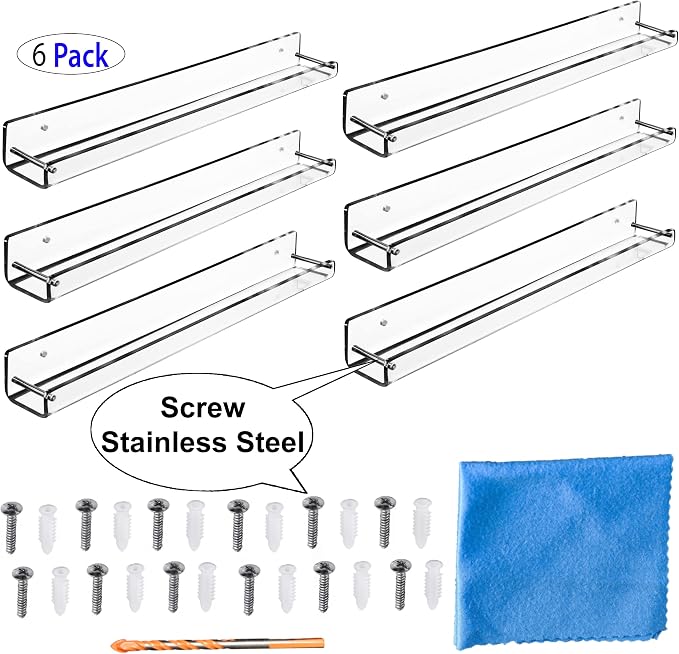 AMT 6 Pack Acrylic Floating Shelves, 15" L x 1.8" W, Clear Bathroom Wall Shelf, Bookshelves, Invisible Display for Office, Bedroom, Small Gap Allows Water to Escape, Free Screws & Drill Bit (Small)