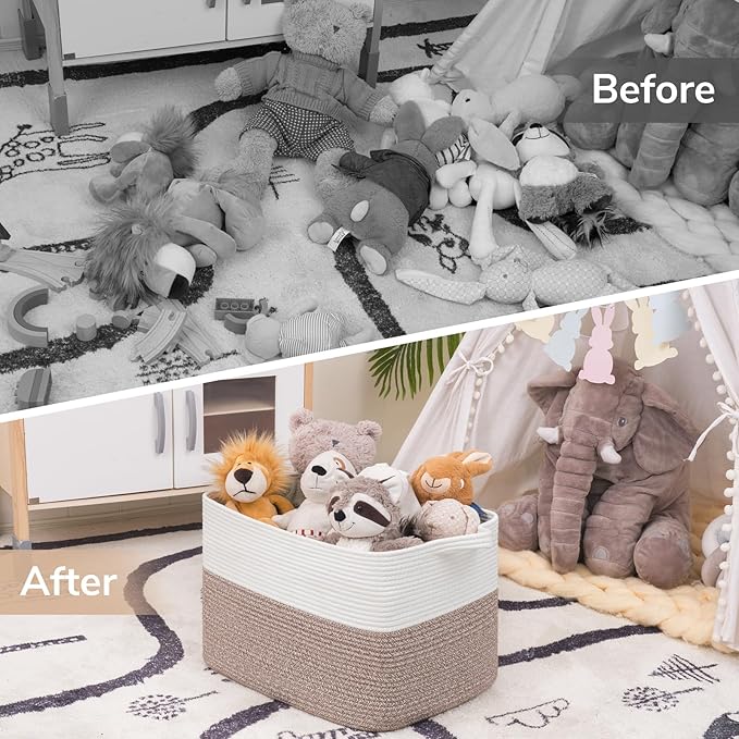 Goodpick Woven Baskets for Organizing, Rectangle Toy Baskets Storage Kids, Rope Storage Basket with Handles, Large Blanket Basket for Living Room, 18 x 14 x 12 Inches