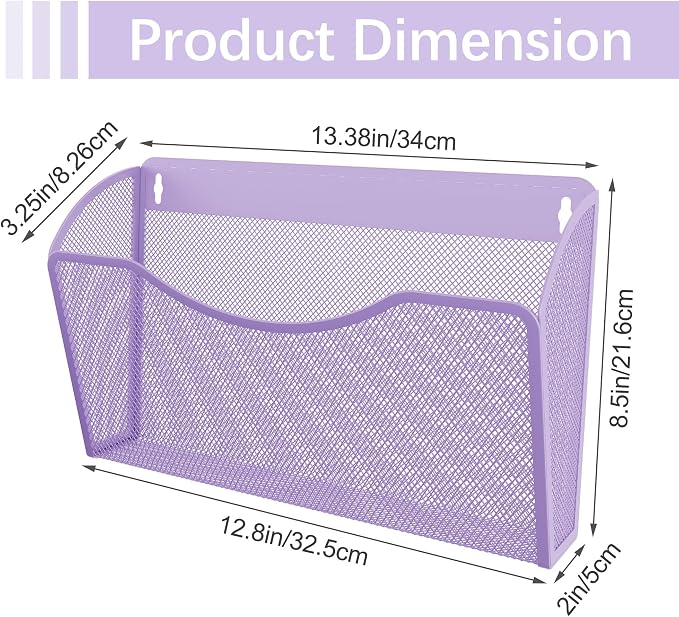 EasyPAG Wall File Organizer, Metal Mesh Hanging File Folder Holder for Letter/A4 Size Folders, Vertical Wall Mount Mail Sorter for Office Paperwork, Classroom, Purple