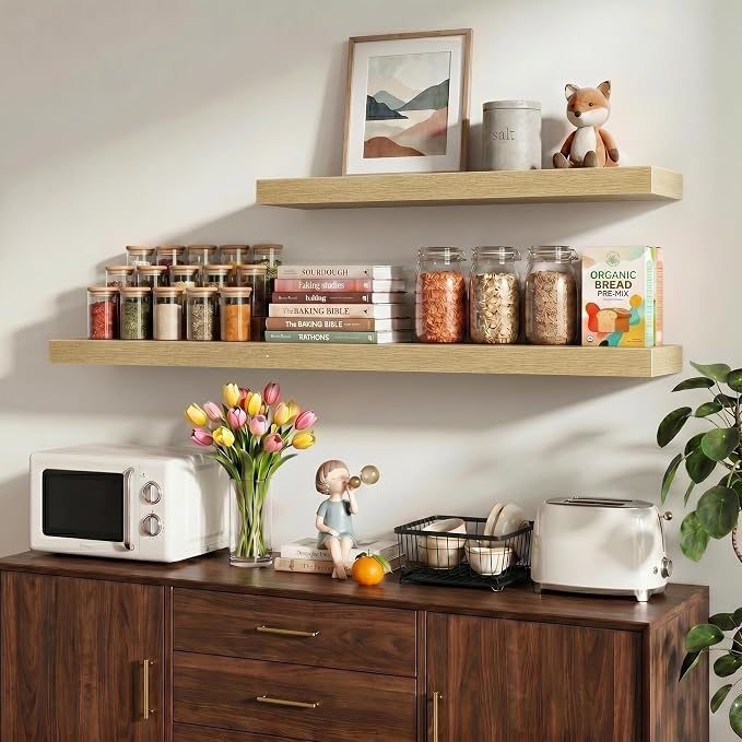 Vivelove 24 Inch Floating Shelves Wall Mounted for Display, 6.5 Deep Duty Shelves with Invisible Brackets for Living Room,Bedroom,Kitchen, Bathroom Storage & Decor,24" Wx6.5 Dx1.4 H - Oak