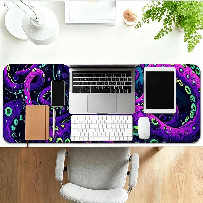 Octopus Monster Gaming Desk Mat, Computer Keyboard Large Extended Cool Neon Animal Mouse Pad for Office and Home, 31.5×11.8 Inches, XL