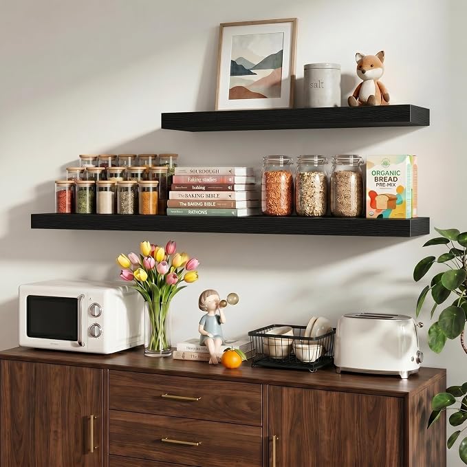 Vivelove 16 Inch Floating Shelves Wall Mounted for Display, 6.5 Deep Duty Shelves with Invisible Brackets for Living Room,Bedroom,Kitchen, Bathroom Storage & Decor,16" Wx6.5 Dx1.4 H - Black
