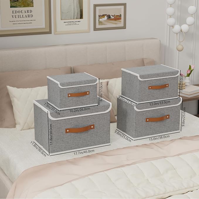Yawinhe Collapsible Storage Box, Cube Organizer Basket, Fabric Bin with Lids, Washable and Leather Handle for Shelves, Closet, Grey, 10.2x7.9x6.7 In, 1-Pack, SNK024GN-1