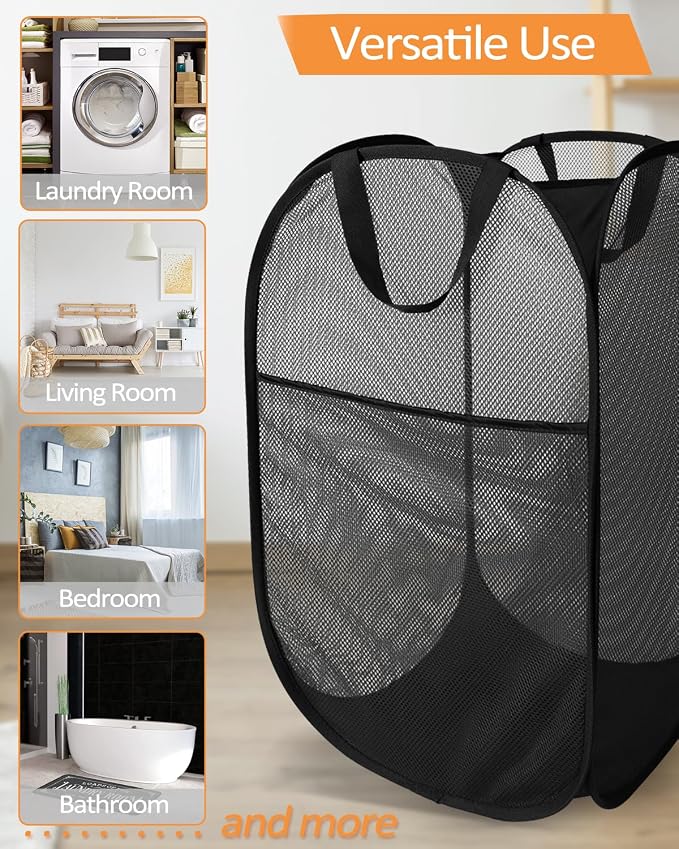 Durable Collapsible Laundry Baskets, Upgrade Foldable Pop Up Hamper for Laundry, Mesh Clothes Hamper with Side Pocket, Reinforced Carry Handles for Laundry, Bathroom, Kids Room, Dorm or Travel Black