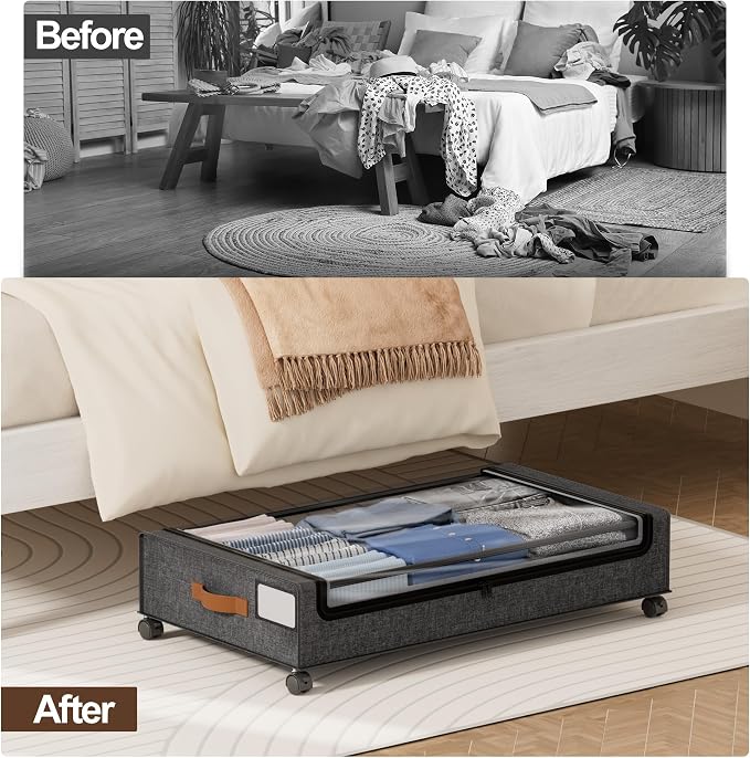 LAMU Under Bed Storage with Wheels, 2 Pack Under Bed Storage Containers with Clear Lid, XXL 60 L Underbed Storage Bins, Rolling Under Bed Metal Drawers for Clothes, Blankets, Shoes, Hemp Grey