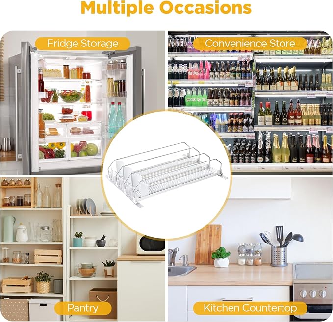 OTraki Fridge Drink Organizer 3 Rows Soda Clear Can Dispenser for Storage | Space-Saving Refrigerator Organizers with Pusher Glide and Adjustable Width, Automatic Can Holder for Hold up to 15 Cans