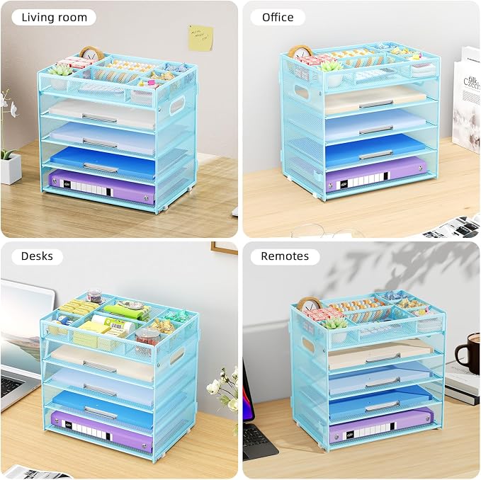 Marbrasse 5 Tier Paper Organizer Letter Tray, Mesh Desk File Organizer with Handle, Paper Sorter Desk Organizer for Home Office Supplies - Blue, Adjustable