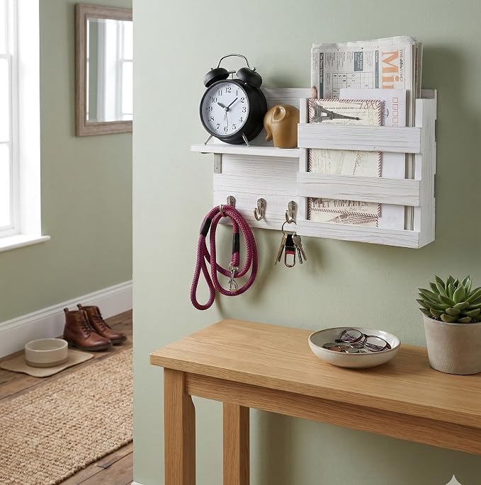Wall-Mounted Key Hooks Holder and Mail Sorter - Rustic Wood White - Entryway Organizer for Letters, Leashes, and Purses - Floating Shelf, 16.5” W x 9.75" H x 4.5” D