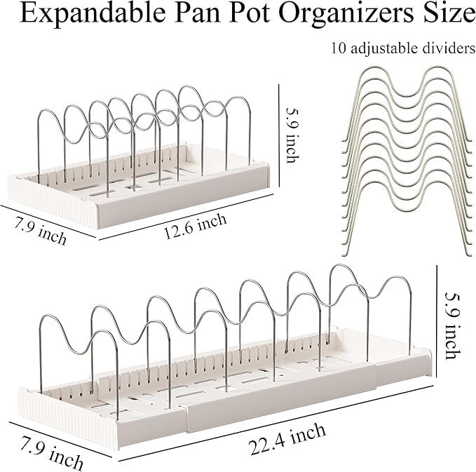 Pots and Pans Organizer Under Cabinet 10 Adjustable Dividers Expandable Pot Pan Lid Holder Organizers Rack inside Cabinet for Kitchen Storage Cookware, Cutting Boards, Lid, Dishes,White