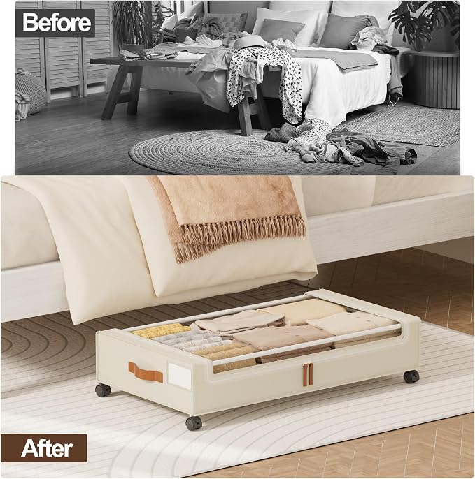 LAMU Under Bed Storage with Wheels, 2 Pack Under Bed Storage Containers with Clear Lid, XXL 60 L Underbed Storage Bins, Rolling Under Bed Metal Drawers for Clothes, Blankets, Shoes, Beige