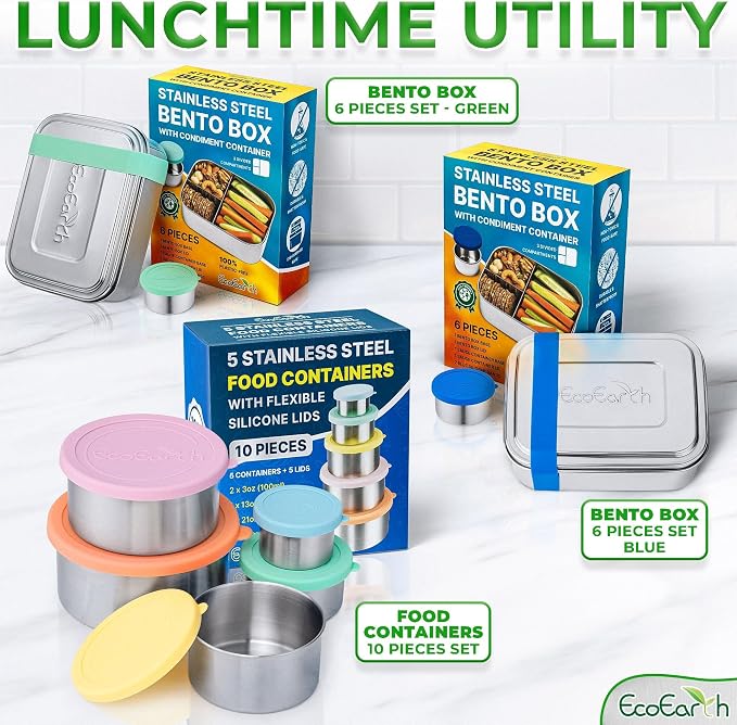 Stainless Steel Food Storage Containers - Metal Set of 5, Snack Size | EcoEarth for 100% plastic-free, airtight, and leakproof with food-safe silicone lids for mess-free travel.