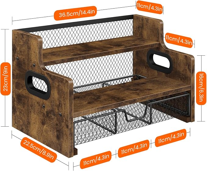 Homode Coffee Syrup Rack Organizer, 3-Tier 8 Bottles Syrup Holder Stand with 35 K Cup Storage Basket Drawer for Coffee Bar, Wood Liquor Shelf Wine Rack Countertop for Home, Rustic Brown