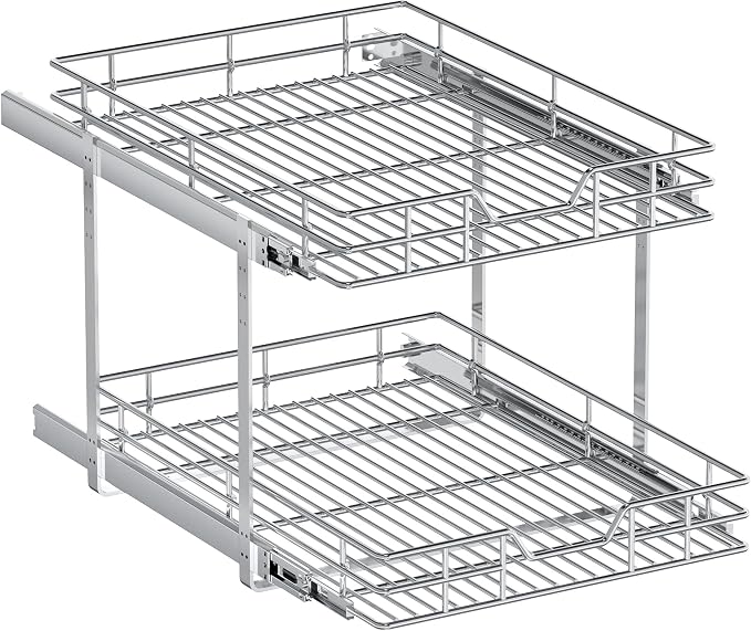 2-Tier Pull Out Cabinet Organizer, 16.5" W x 21.5" D, Heavy Duty Dual Slide Out Shelves for Base Cabinets, Chrome Wire Basket Drawer for Pantry, Kitchen & Bathroom Storage