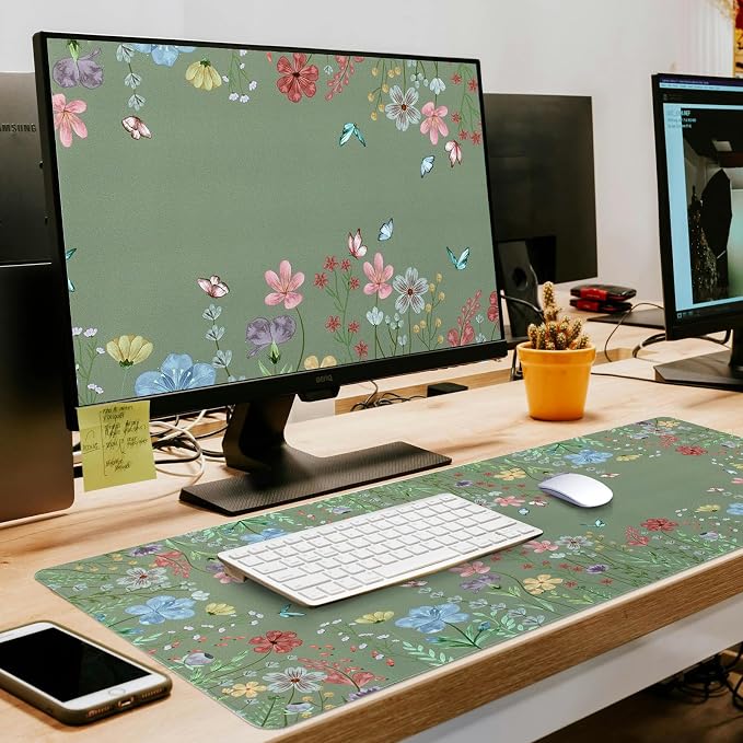 L-SPOUTTO Green Floral Desk Mat for Keyboard and Mouse,XXL Large Mouse Pad | Cute Non-Slip Keyboard Pad Waterproof Desktop Mat for Laptop Computer Work Game Home Office