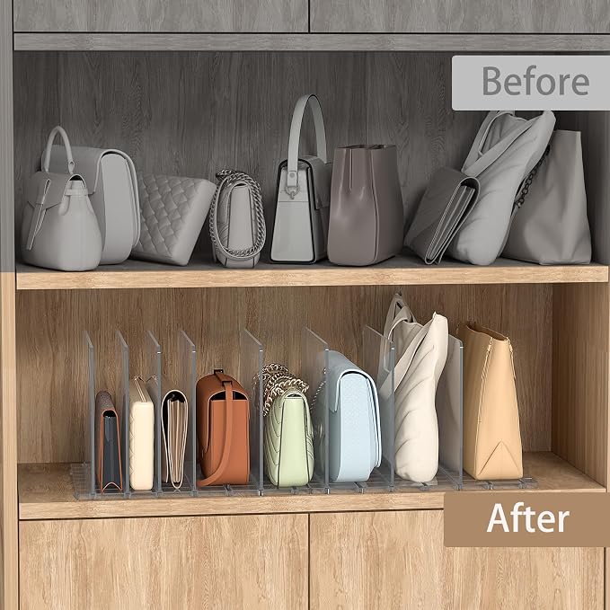 SortNStore Bag & Purse Organizer for Closet: Adjustable Clear Handbag Storage Shelf - Plastic Clutch Dividers for Closet Organizers and Storage - Keep Carteras & Pocketbook Upright 3 Pack - 11Dividers