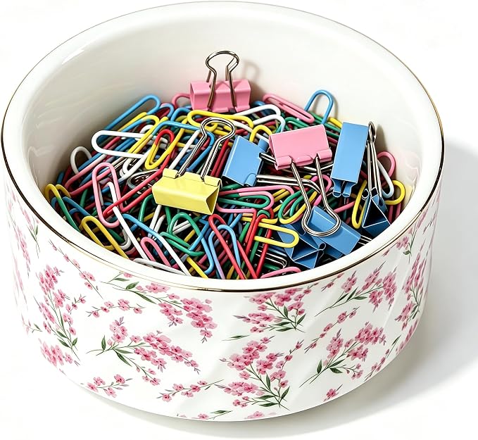 Paper Clip Holder Ceramic Paper Clip Holders Floral Paperclips Holder Dispenser Cute Gold Line Paper Clip Organizer for Desk Binder Clip Holder Bobby Pin Hair Clip Holder Gift for Office Pink Flowers