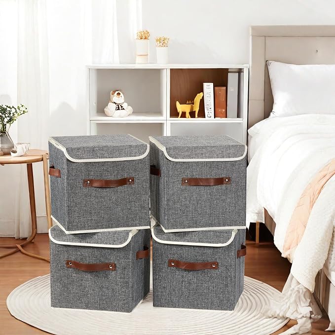 4PCS Storage Cubes with Lid Fabric Storage Bins Boxes PU Leather Handles Cotton Linen Closet Organizer Container Decorative Foldable Washable Shelf Cloth Basket (Flip-top Lid, Gray, 11in)