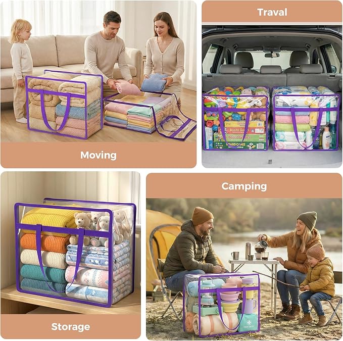Budding Joy 6 Pack Clear Zippered Storage Bags for Clothes,40L Closet Organizers and Storage Containers Vinyl Moving Bag for Bedding, Linen, Blankets, Comforters, Clothing & Toys