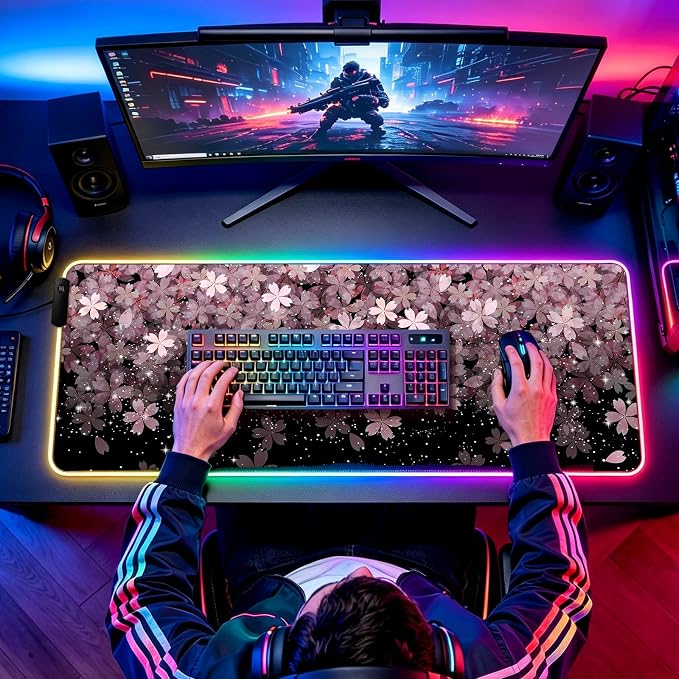 RGB Japanese Cherry Blossom Gaming Desk Mat, Computer Keyboard Large Extended Flowers LED Mouse Pad for Office and Home, 31.5×11.8 Inches, XL, Black