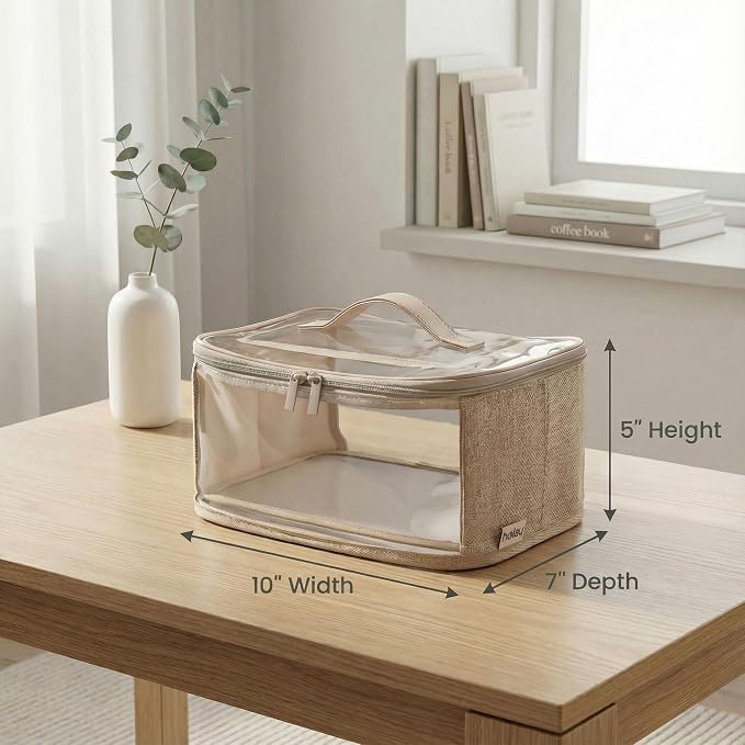 holay Clear Toy Storage Bags with Handle, 4 Pack Playroom Storage Organizer Bins for Kids Toys, Board Games, Busy Bags, and Homeschool Supplies - Transparent PVC with Reinforced Base, Brown, Small