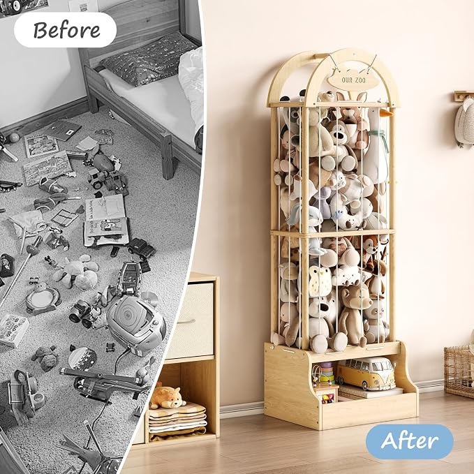 Arched Stuffed Animal Storage Organizer, Wooden Stuffed Animal Zoo Holds 50+ Plush Toys, FSC Pine Wood Plush Toy Holder with Thick Elastic Cords, Open Bottom Cubby for Kids Room Nursery Playroom