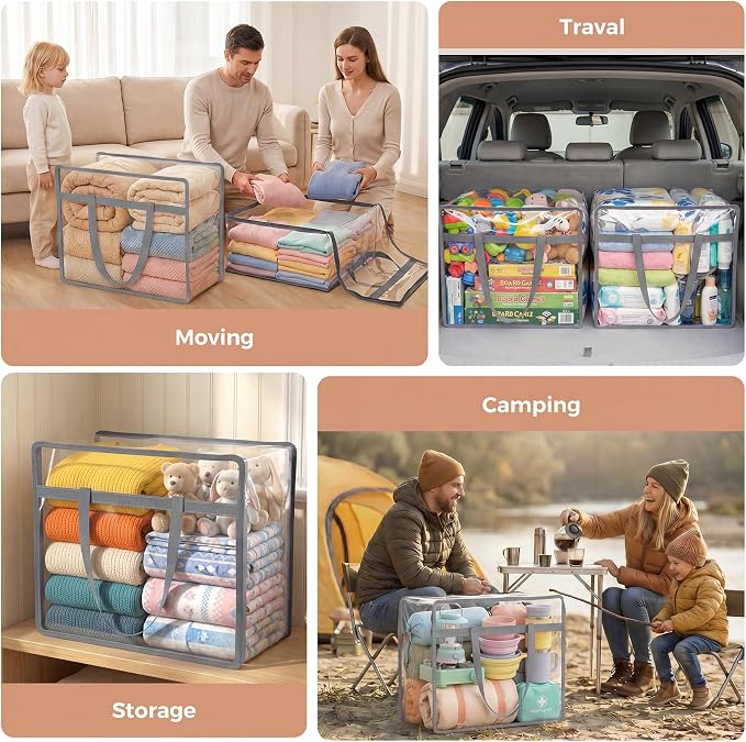 Budding Joy 6 Pack Clear Zippered Storage Bags for Clothes,40L Closet Organizers and Storage Containers Vinyl Moving Bag for Bedding, Linen, Blankets, Comforters, Clothing & Toys, Grey