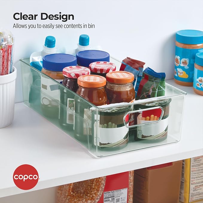 Copco Storage Bin for Refrigerator and Pantry Organizers - Clear Green Fridge Bin with Built-In Handles, 14.4 x 7.9 x 4 Inches, Kitchen and Bathroom Storage Organizer