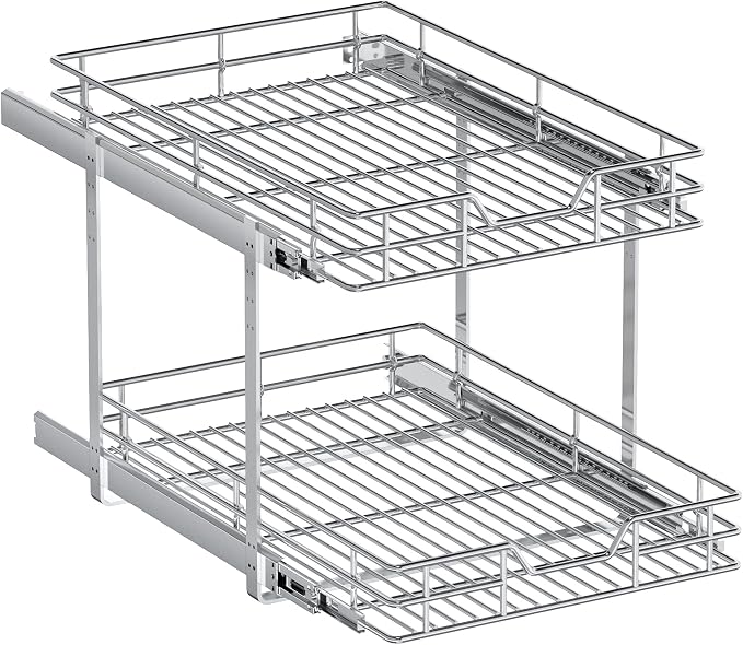 2-Tier Pull Out Cabinet Organizer, 15.5" W x 21.5" D, Heavy Duty Dual Slide Out Shelves for Base Cabinets, Chrome Wire Basket Drawer for Pantry, Kitchen & Bathroom Storage