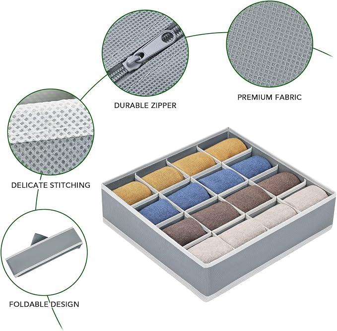 joyoldelf Sock Drawer Organizer Divider Underwear Organizer 16-cell Fabric Dresser Drawer Organizers Storage Boxes for Socks Lingerie, Handkerchiefs, Ties 4 Pack (Grey)