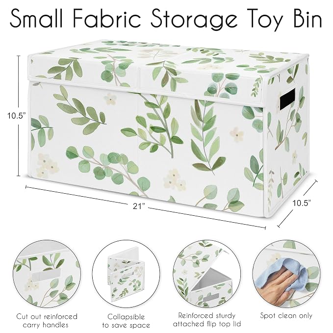 Sweet Jojo Designs Floral Leaf Girl Small Fabric Toy Bin Storage Box Chest for Baby Nursery or Kids Room - Green and White Boho Watercolor Botanical Woodland Tropical Garden