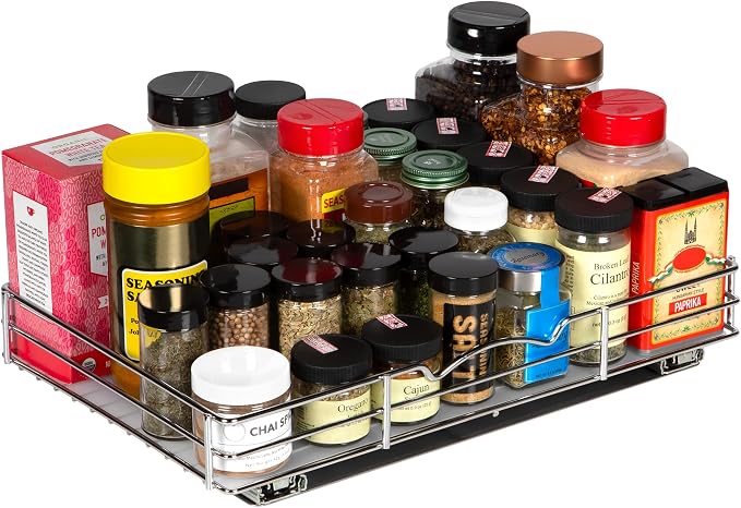 Pull-Out Cabinet Spice Rack Organizer, 16 ⅜"W x 10 ⅜"D x 2 ¾"H | Slim Slide-Out Storage for Spices, Bottles & Jars, Premium Heavy-Duty Steel, Easy Install for Narrow Kitchen Cabinets, Chrome
