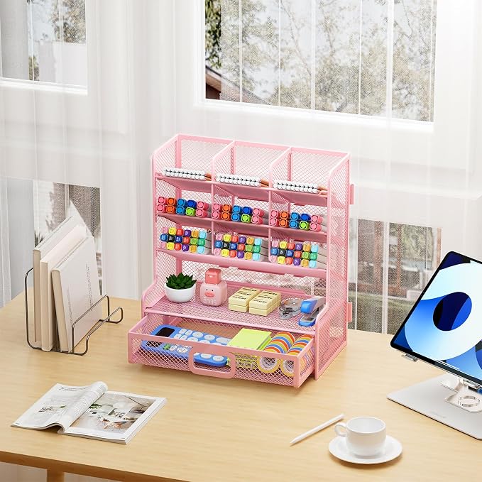 Marbrasse Larger Mesh Desk Organizer with Drawer, Multi-Functional Pen Pencil Holder, Easy Assembly, Desk Organizers and Accessories for Office Art Supplies (Pink)