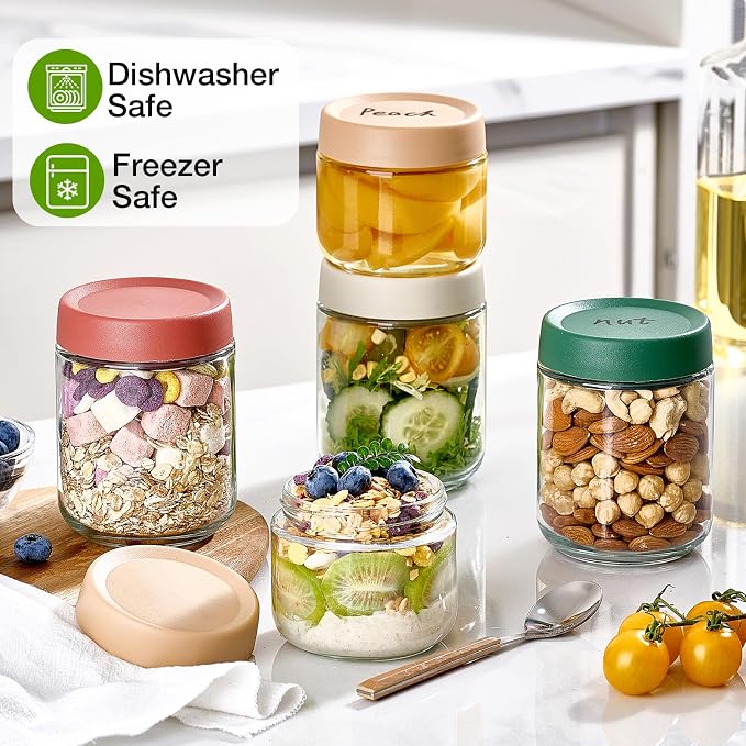 Qipecedm® 8 Pack Overnight Oats Containers with Lids, Large & Small Glass Mason Jars 16oz & 10 oz, Breakfast Oatmeal Container to Go, Salad Meal Prep Jars for Food Storage, Mush Chia Seed Pudding Jars