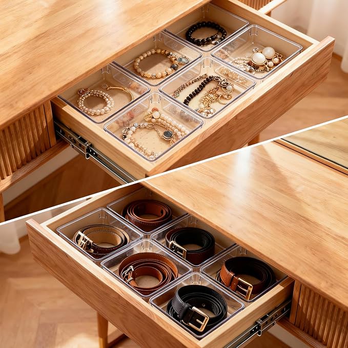 6 Pcs Large Clear Plastic Drawer Organizers Tray 6" x 6" Storage Bins with 25 Pcs Non-Slip Pads for Makeup, Jewelries, Kitchen Utensils, Bathroom and Office