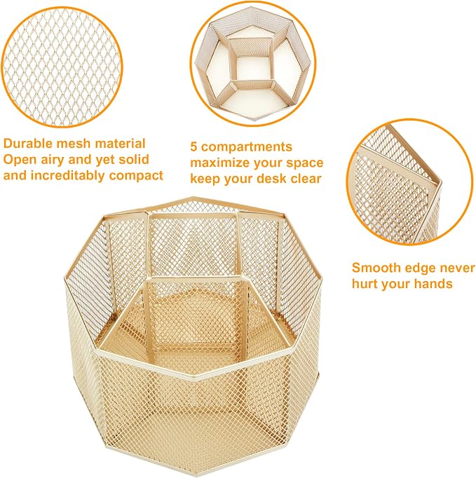 Annova Mesh Desk Organizer Rotate with 5 Compartments Spinning Tidy Candy/Pen Holder Office, Art Supply, Storage, Classroom, Home (Gold)