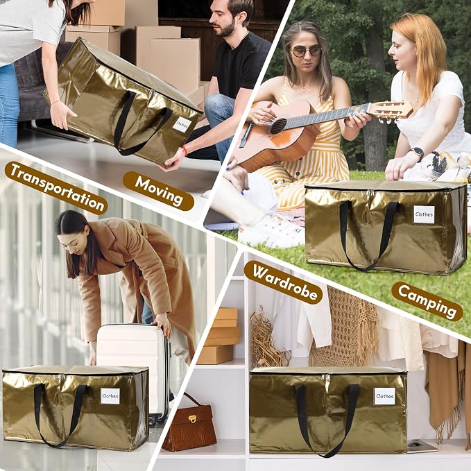 2-Pack Extra-Large Heavy-Duty Storage Totes with Reinforced Handles, Durable Zippers & Waterproof Material — Perfect for Space-Saving, Moving, Shipping and Travel (Smoked Gold)