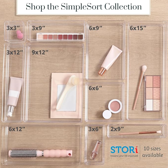 STORi SimpleSort 3-Piece Stackable Clear Drawer Organizer, 12" x 6" x 2" | Rectangle Trays, Wide Makeup Vanity Storage Bins, Office Desk Drawer Dividers, Made in USA