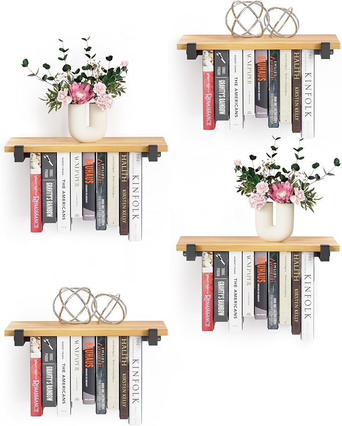 NANATI 4 Set of Floating Bookshelf, Pine Wood Invisible Bookshelf, Hanging Bookshelves for Wall, Unique Space Saving Wall Bookcase (16.5L×8.7W×1.5H)