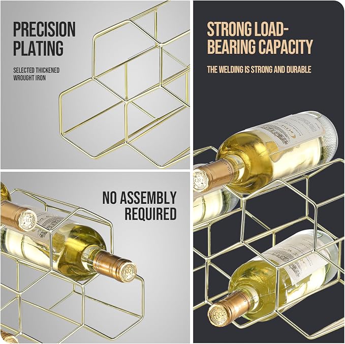 Countertop Wine Rack - 9 Bottle Freestanding Modern Gold Metal Small - 2 Tier Tabletop Wine Holder Stand for Cabinet, Pantry - Wine Racks Countertop - No Assembly Required