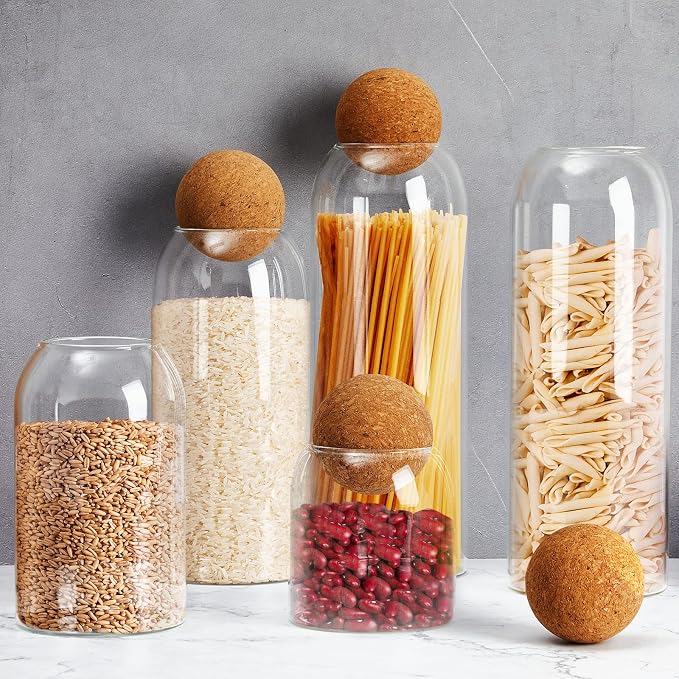 Suclain 5 Pack Glass Jar Set Food Tank with Spherical Cork Cute Ball 4 Sizes Candy Jars Clear Coffee Canister Airtight for Kitchen Bottle Holder Serving Spice Sugar Tea(Classic Style)