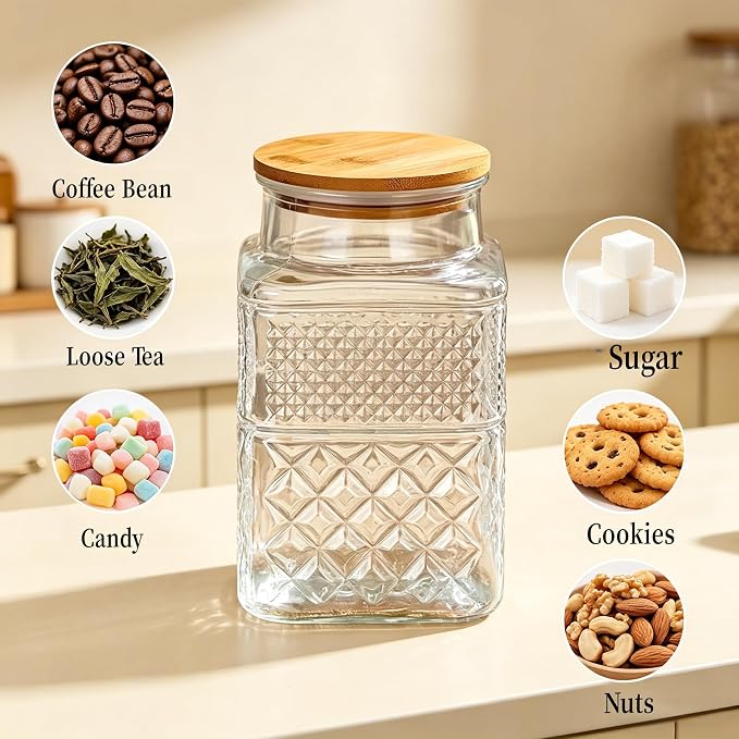 Large Glass Storage Jar, 60 FL OZ Glass Food Storage Containers with Bamboo Lid, Kitchen Containers Cereal Canisters Decorative Jar for Candy Snack Cookies Coffee Tea Nuts Airtight Jars