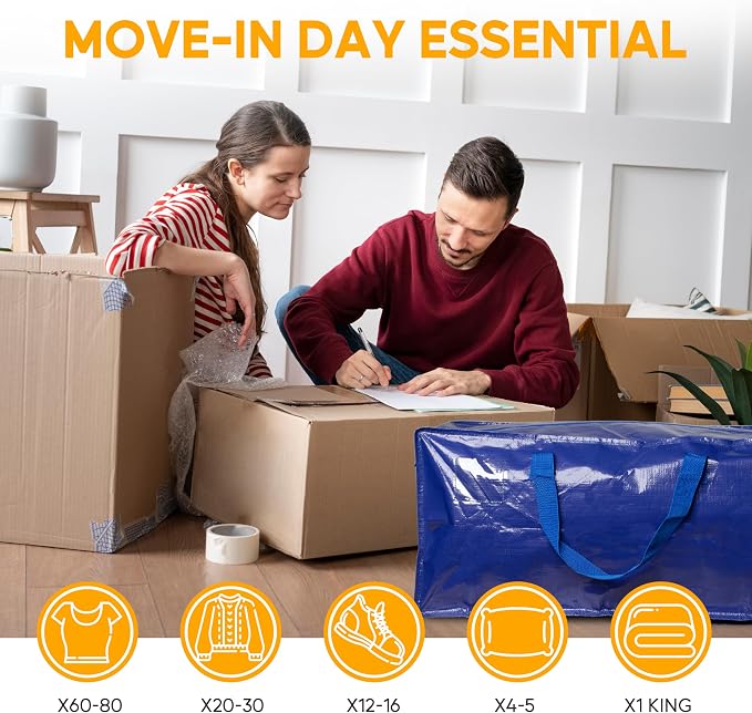 6 Pack Oversized Heavy Duty Moving Bags with Backpack Straps, Strong Handles & Zippers, Extra Large Storage Tote Moving Boxes for Space Saving, Blue