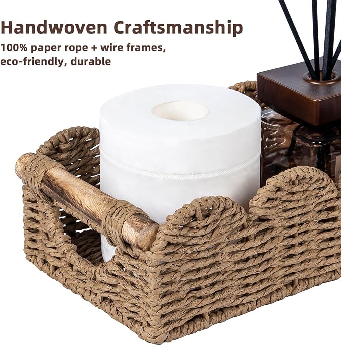 CubesLand Bathroom Basket Organizer w/Cut Out Handle, Back of Toilet Paper Storage Baskets for Bathroom Countertop Decorative, Small Scalloped Wicker Basket Also for Home Decor, Living Room, Neutral