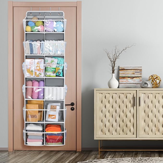 Univivi Over the Door Organizer, 6 Tiers Behind Door Storage with Clear Deep Pockets Hanging Organizer for Closet, Bedroom, Nursery, Bathroom and Sundries (Grey)