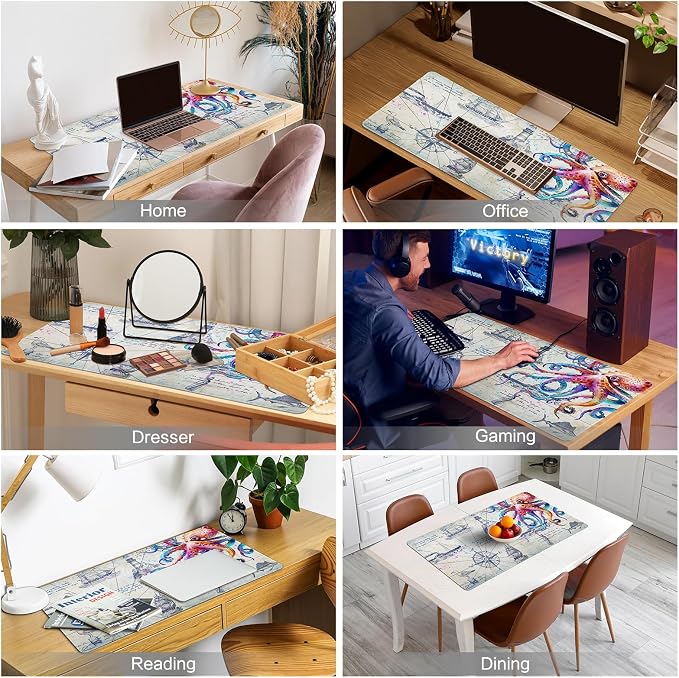 Large Mouse Pad Gaming, Desk Mat for Desktop, Big Mousepad, Grey Desk Pad Computer Desk Mat for Keyboard and Mouse, Cool Octopus Non-Slip Gaming Mouse Pad for Men Boys, 31.5" x 15.7", Gray