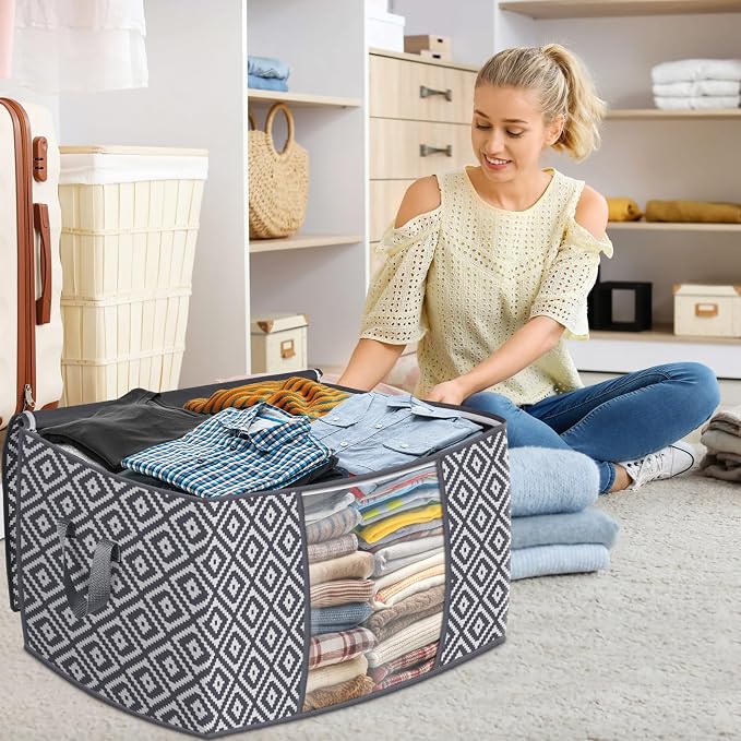 StorageTastic Direct 100L, 3 Pack, Storage Containers, Large Clothes Storage Bins Foldable Organization and Storage Bags with Reinforced Handle, Clear Window for Bedding, Blankets, Clothing, Grey