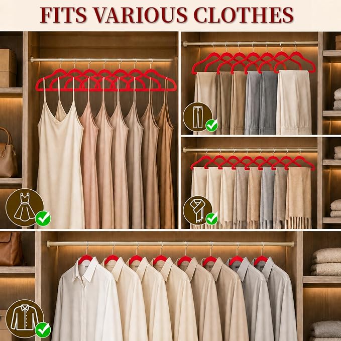 Velvet Hangers 50 Pack, Non Slip Clothes Hangers with Shoulder Notches, Slim Felt Hanger with 360° Swivel Hook, Space-Saving, Heavy Duty, for Coat, Shirt, Pants, Dress, Suits, Red